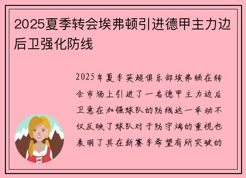 2025夏季转会埃弗顿引进德甲主力边后卫强化防线