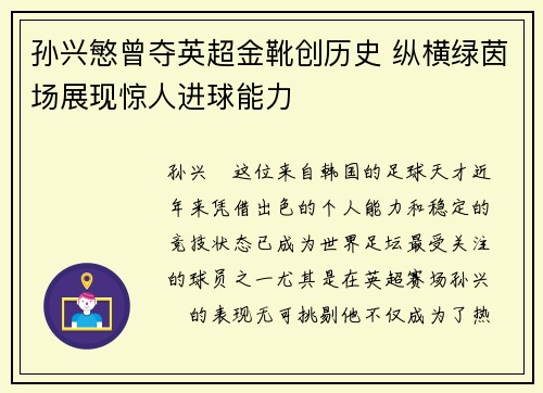 孙兴慜曾夺英超金靴创历史 纵横绿茵场展现惊人进球能力 孙兴慜曾夺英超金靴创历史 纵横绿茵场展现惊人进球能力